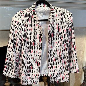 Kim Rogers Women's Black, White, and Pink Patterned Blazer Size 14